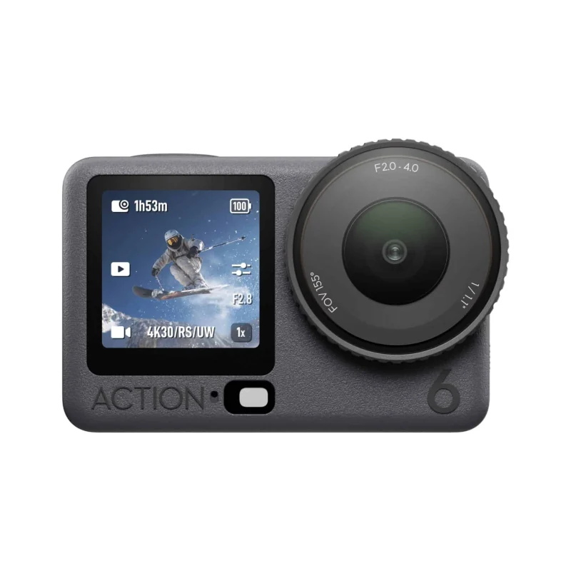 DJI Osmo Action 6 nhìn chính diện, màn hình trước và ống kính
