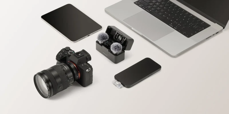 DJI Mic Mini 2S – Các thiết bị kết nối minh họa; bộ thu và cáp tùy cấu hình