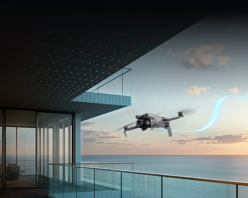 DJI Mini 5 Pro – đường bay gần tòa nhà minh họa