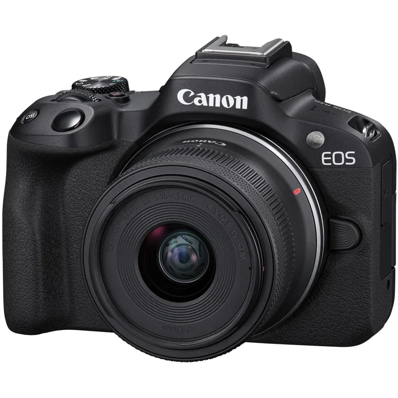 Canon EOS R50 màu đen với ống kính RF-S 18-45mm, góc nhìn phía trước